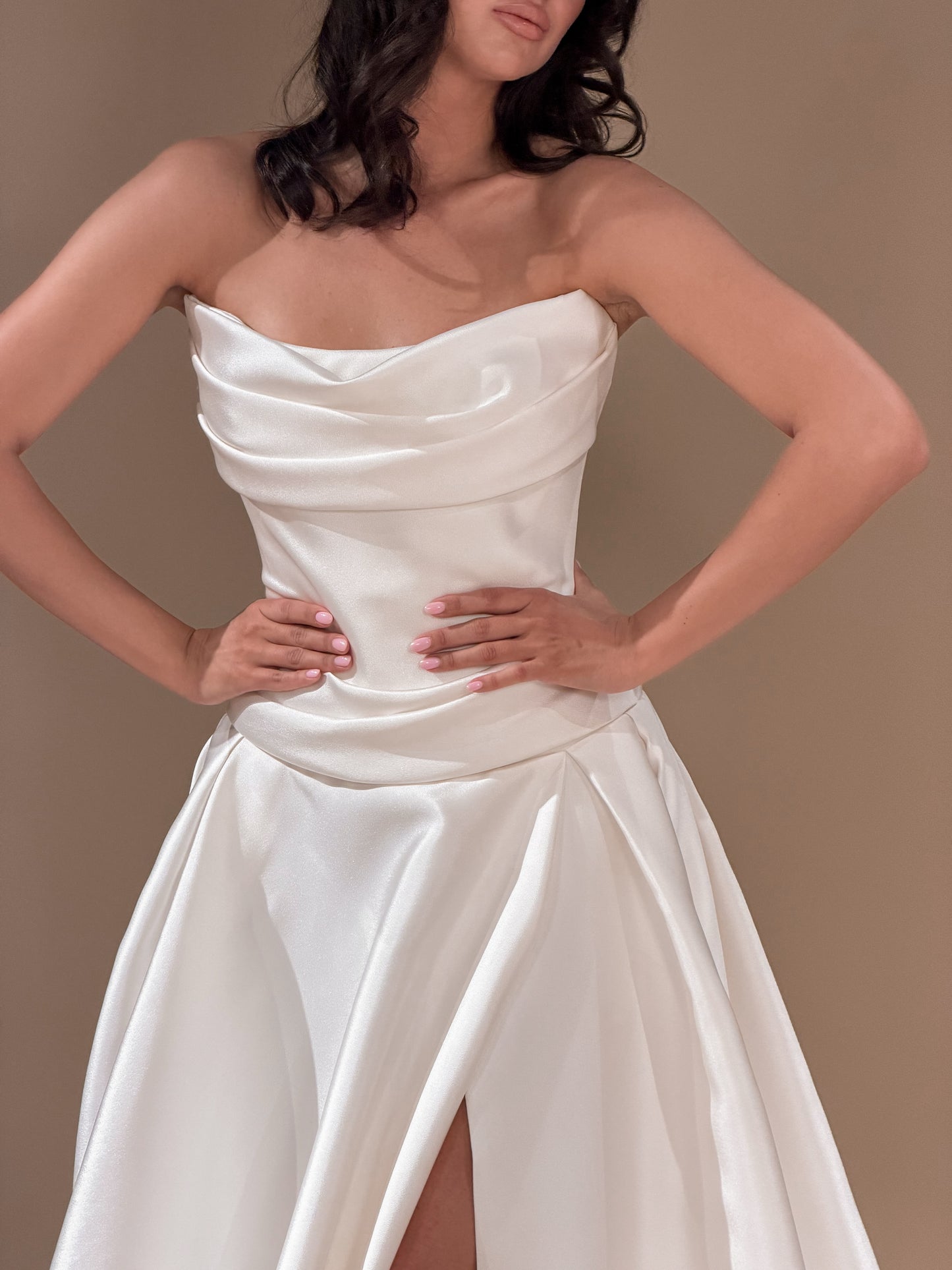 Strapless Satin A-Line Wedding Gown with High Slit