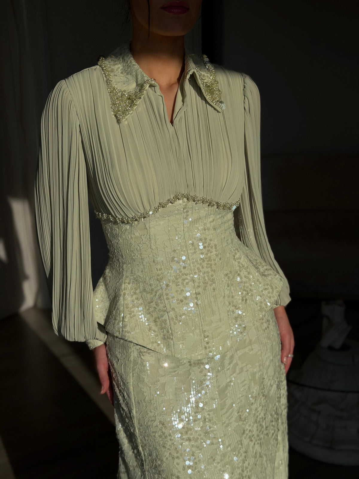 Pleated Blouson Bodice Sequin Peplum Gown