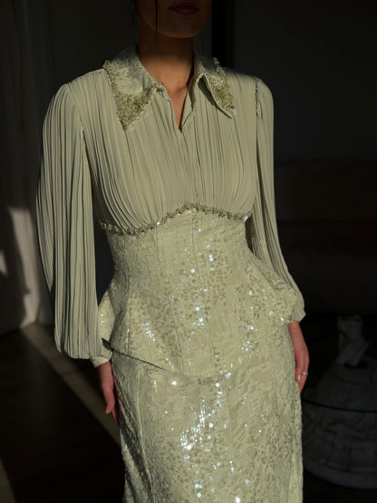 Pleated Blouson Bodice Sequin Peplum Gown