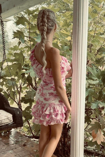 One-Shoulder Floral Ruffled Mini Dress