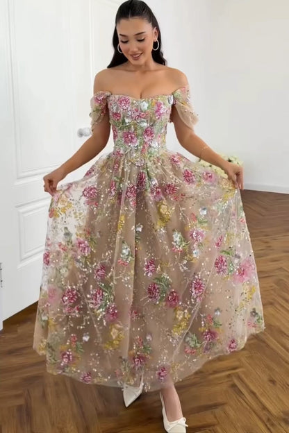 Floral Embroidered Corset A-Line Gown