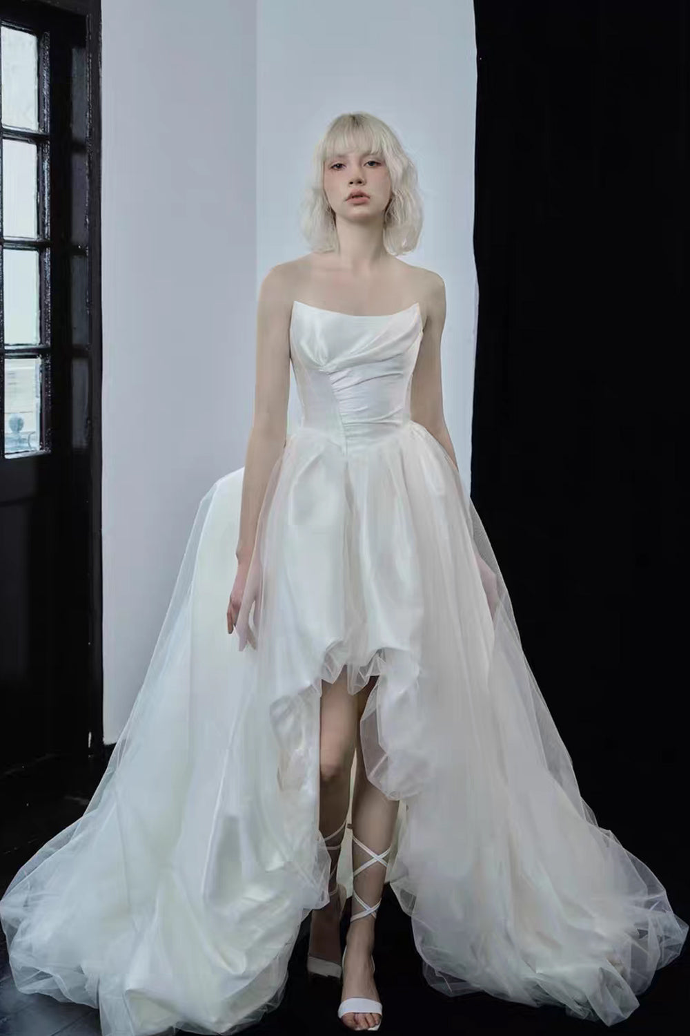 Asymmetric Strapless Tulle Ball Gown Wedding Dress
