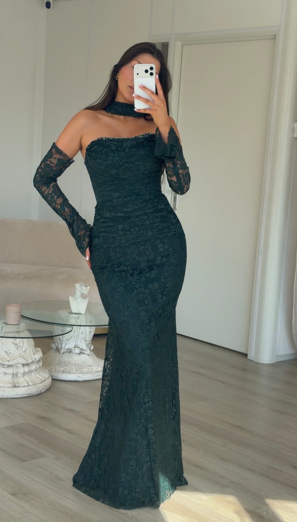 Lace Strapless Maxi Dress with Sleeves & Choker
