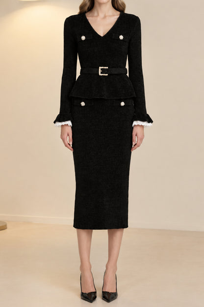 Peplum Midi Dress with Belt and Lace Cuffs