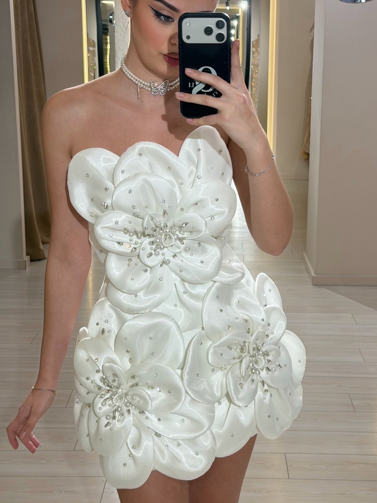 Strapless 3D Floral Embellished Mini Dress