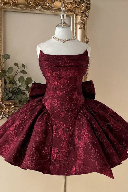 Strapless Jacquard Mini Dress with Statement Bow