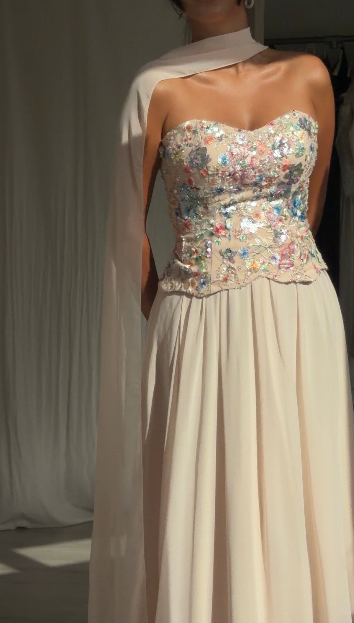 Floral Sequin Corset Evening Gown with Scarf