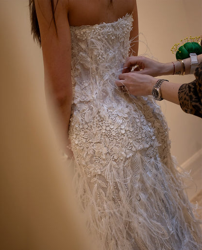 Strapless Feather Embellished Lace Wedding Dress