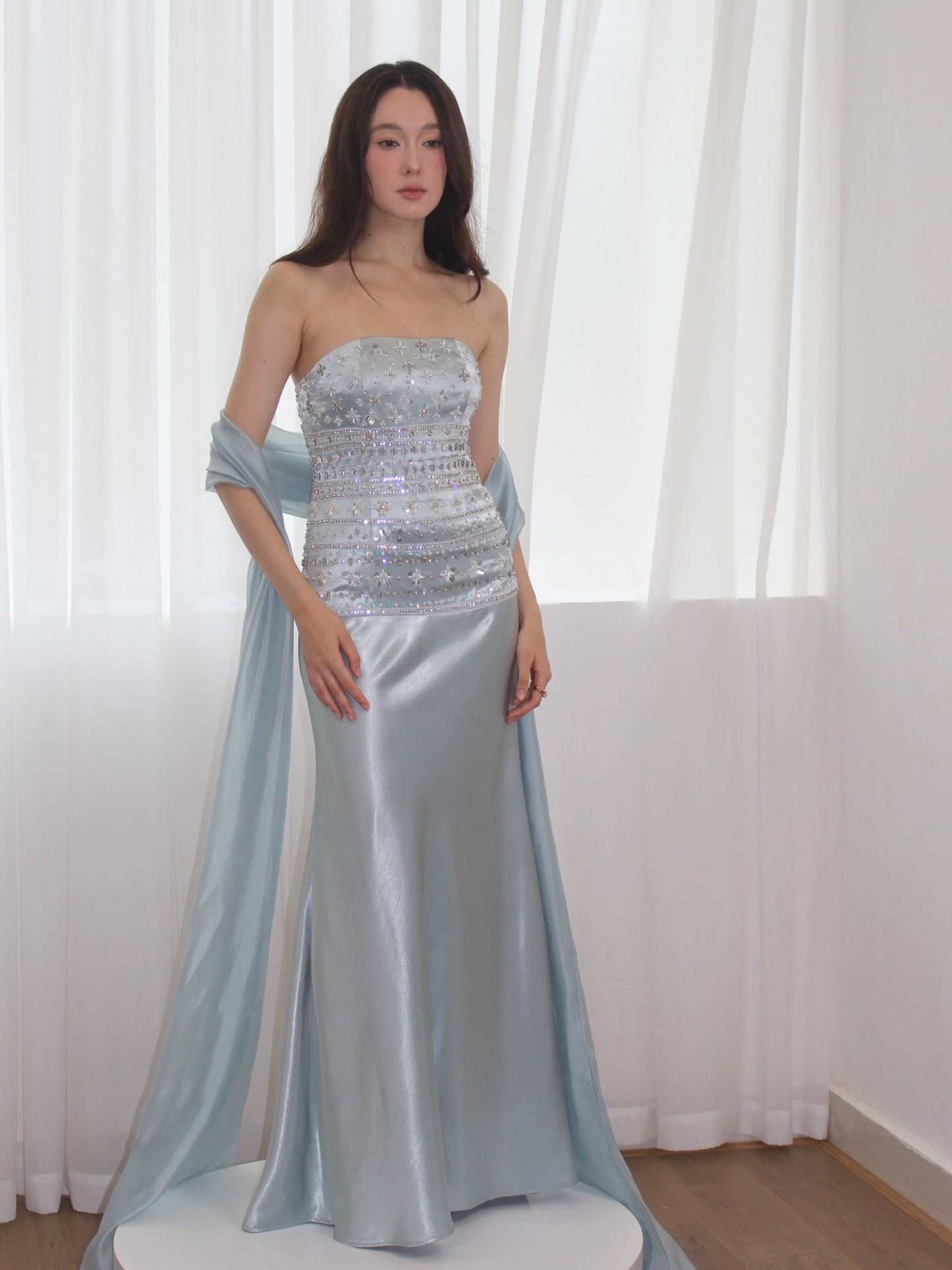 Strapless Beaded Bodice Satin Gown with Chiffon Streamers