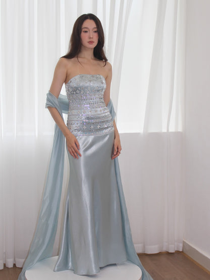 Strapless Beaded Bodice Satin Gown with Chiffon Streamers
