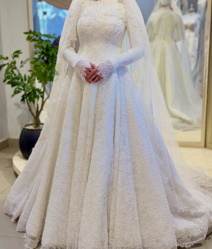 High Neck Long Sleeve Lace Ball Gown Wedding Dress
