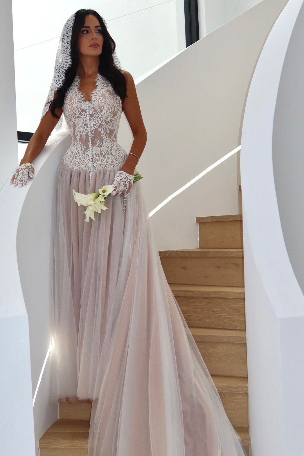 Lace Bodice Tulle Wedding Dress with Train