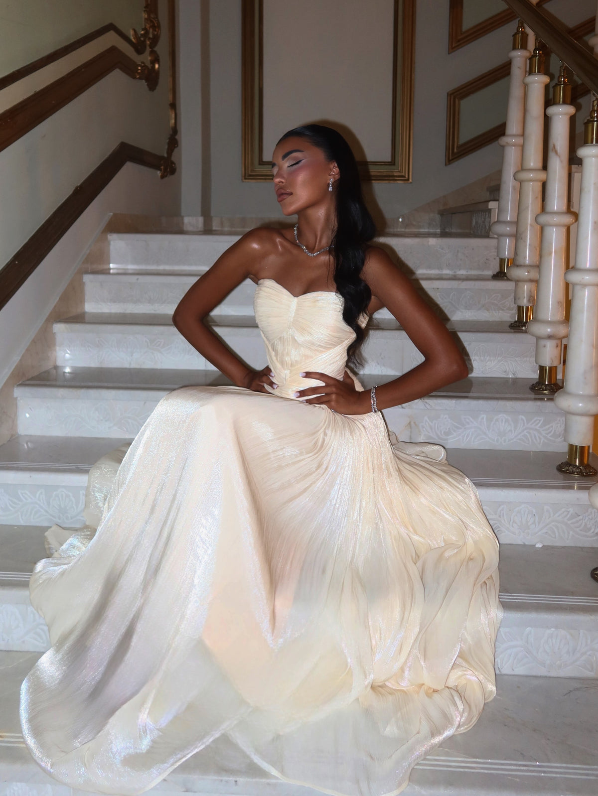 Strapless Ruched Bodice Shimmer Evening Gown