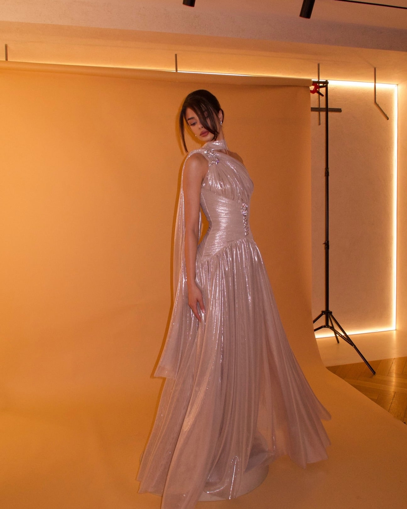 One-Shoulder Pleated Metallic Evening Gown