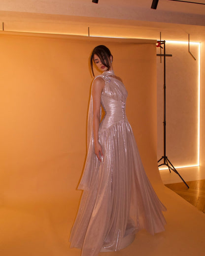 One-Shoulder Pleated Metallic Evening Gown