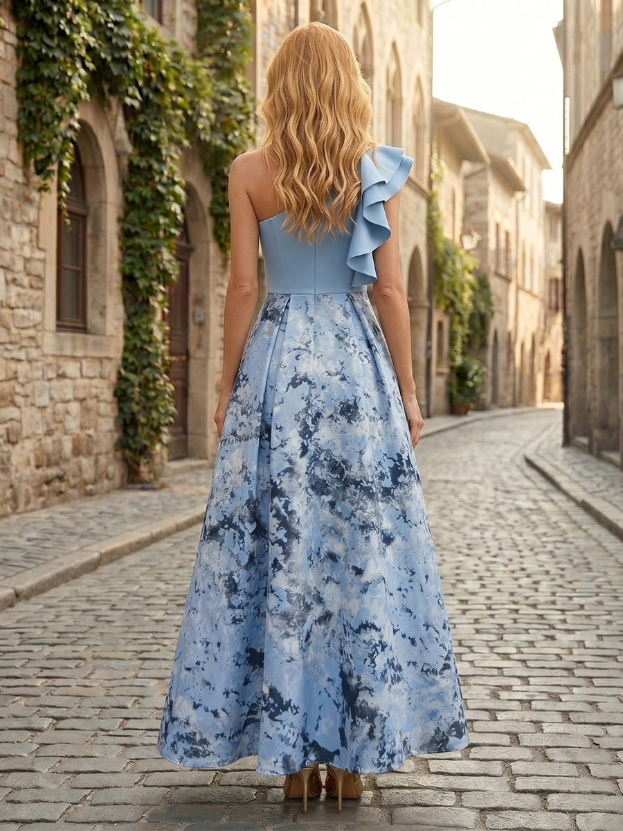 One-Shoulder Ruffled Pleated A-Line Maxi Dress