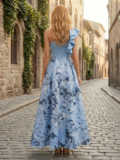 One-Shoulder Ruffled Pleated A-Line Maxi Dress