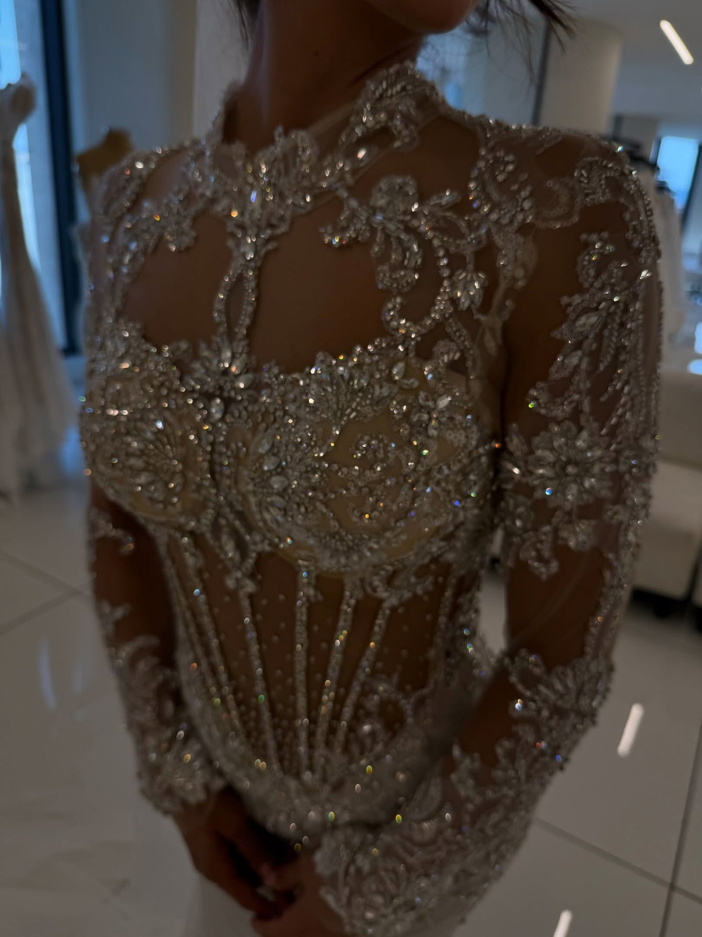 Beaded Corset Long Sleeve Illusion Wedding Dress