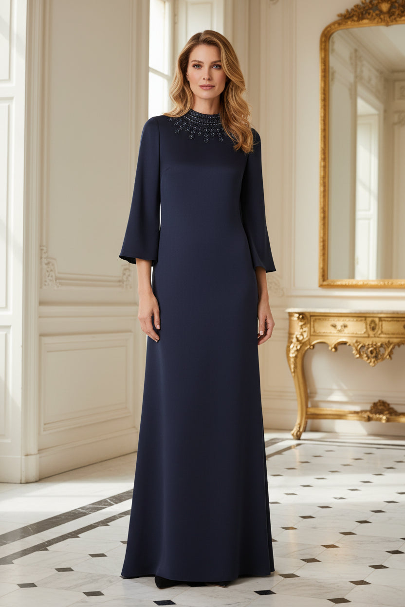 Beaded High Neck Bell Sleeve Column Evening Gown