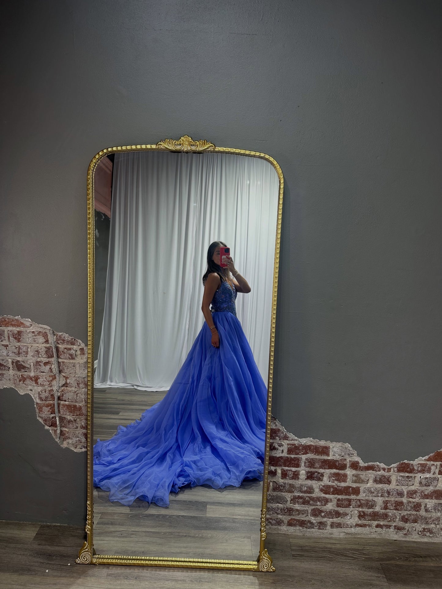 Halter Neck Beaded Tulle Ball Gown with Train