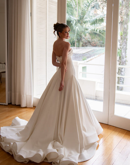 Strapless Drop Waist Satin Ball Gown Wedding Dress
