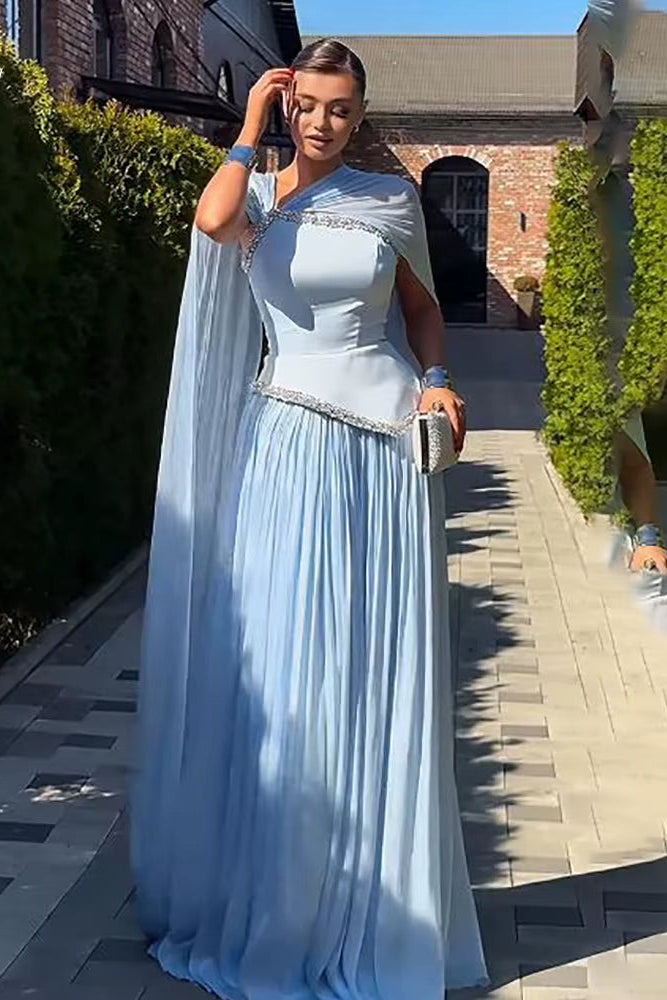 One-Shoulder Pleated Chiffon Gown with Cape