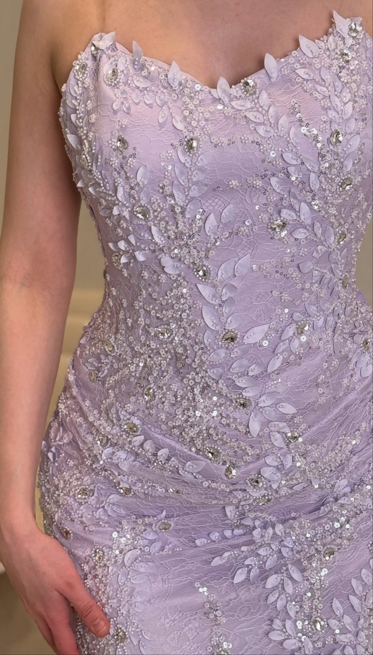 Embellished Lace Column Gown with High Slit