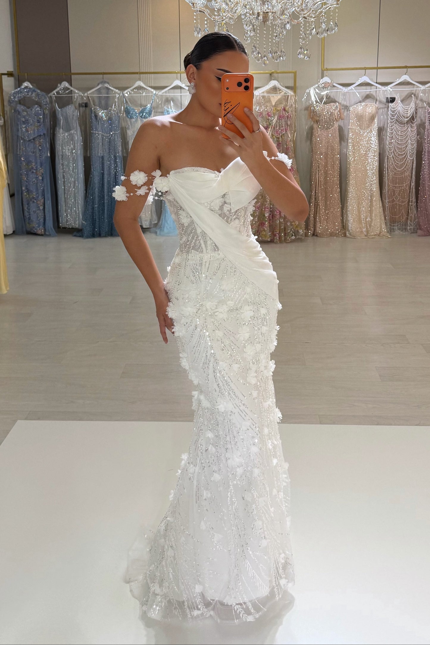 Sequin 3D Floral Mermaid Wedding Gown with Draping