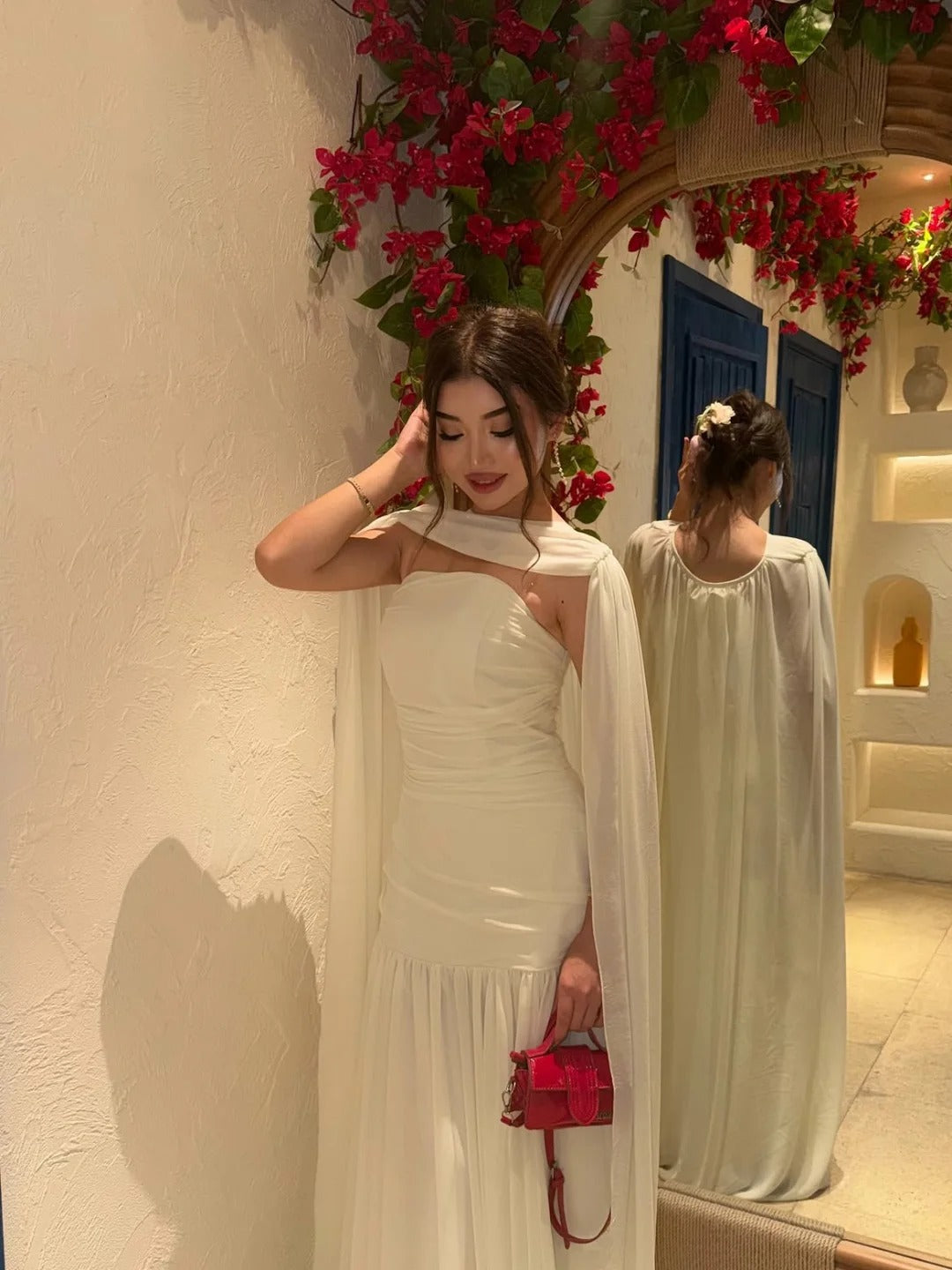 Ruched Strapless Mermaid Gown with Flowing Cape
