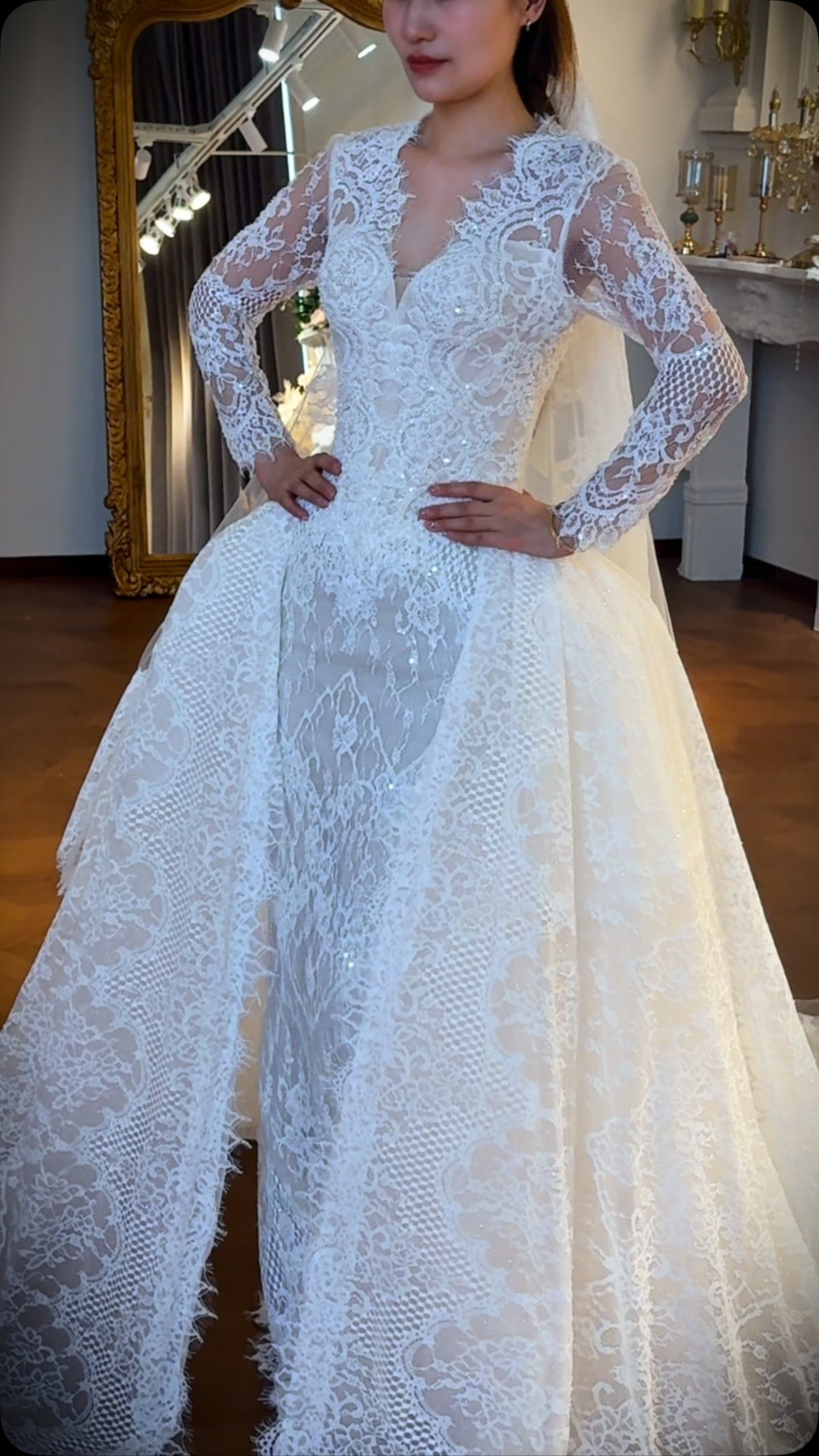 Long Sleeve Lace Wedding Dress with Overskirt