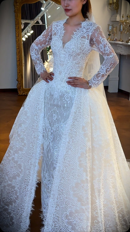 Long Sleeve Lace Wedding Dress with Overskirt