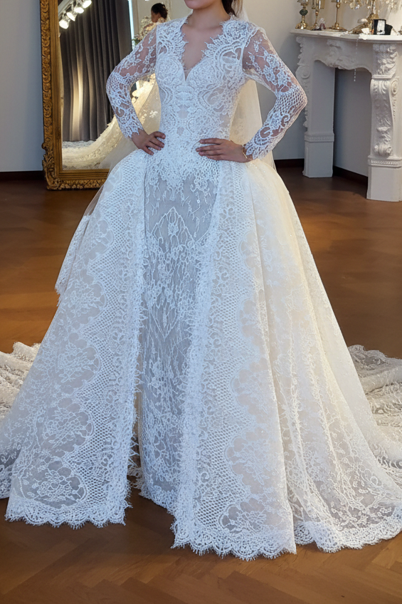 Long Sleeve Lace Wedding Dress with Overskirt