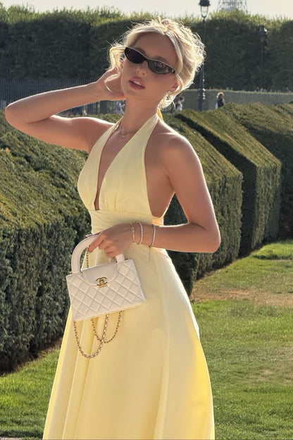Halter Plunge Open-Back Flared Midi Dress