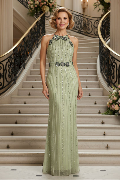 Sequin Beaded Halter Gown with Floral Appliques