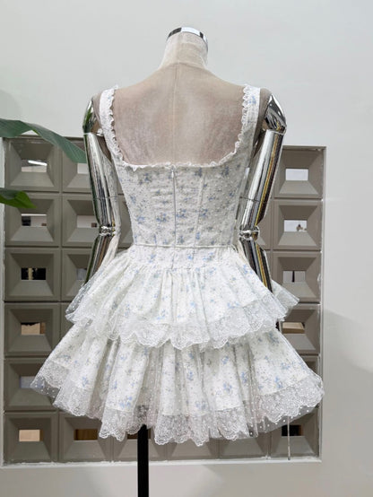 Tiered Floral Mini Dress with Lace Trim