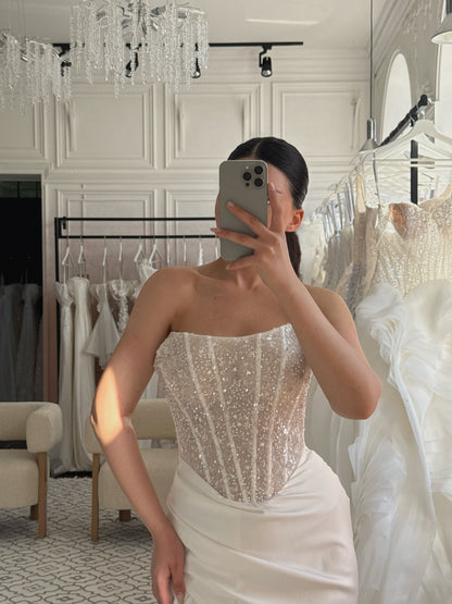 Strapless Beaded Corset Gown with High Slit