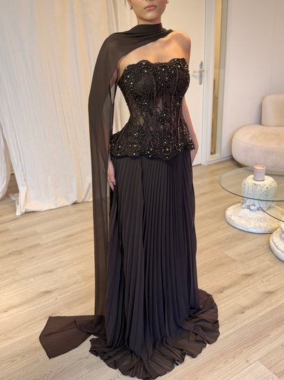 Corset Lace Evening Gown with Pleated Skirt