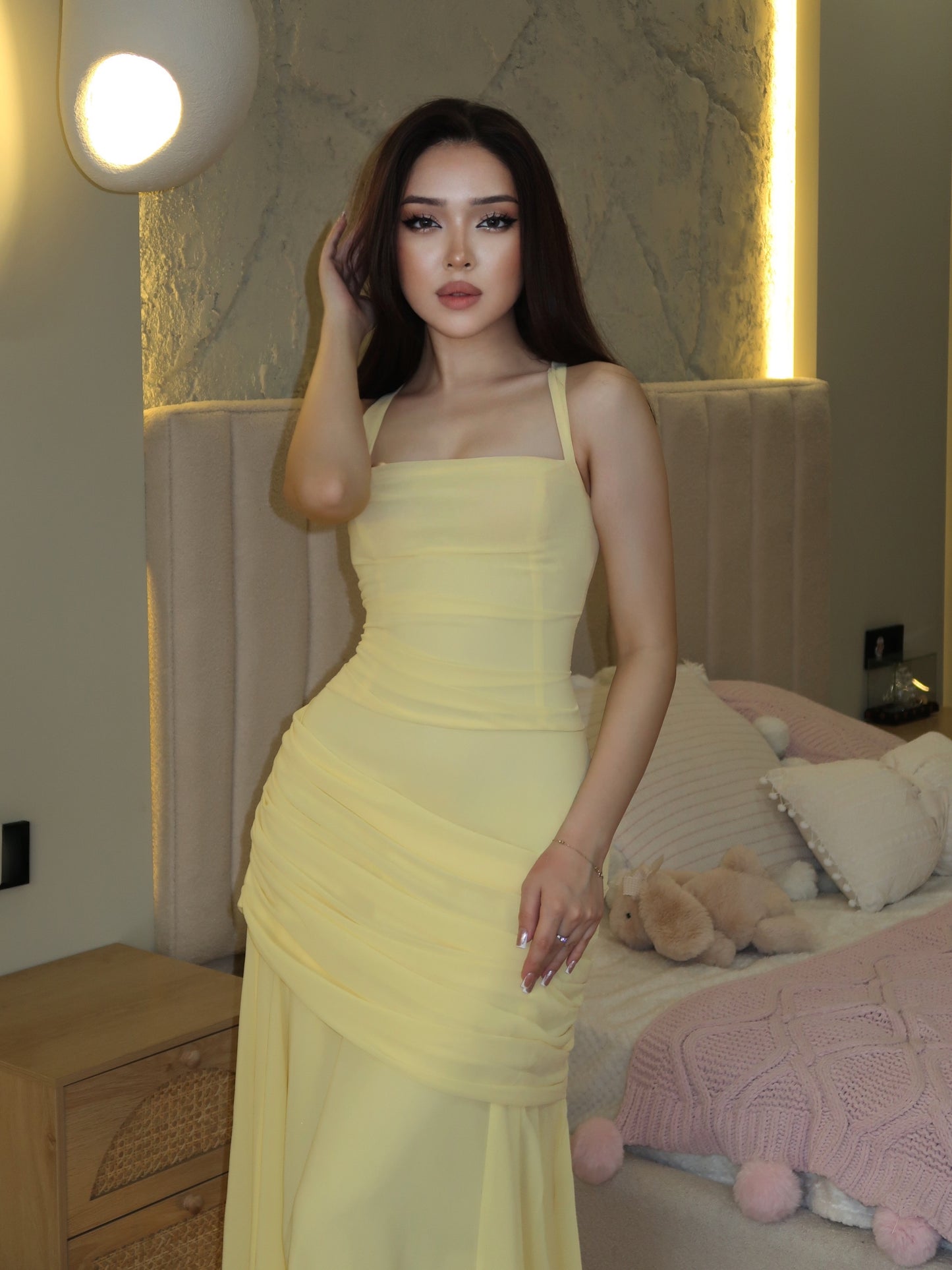 Square Neck Ruched Chiffon Gown with Lace-Up Back
