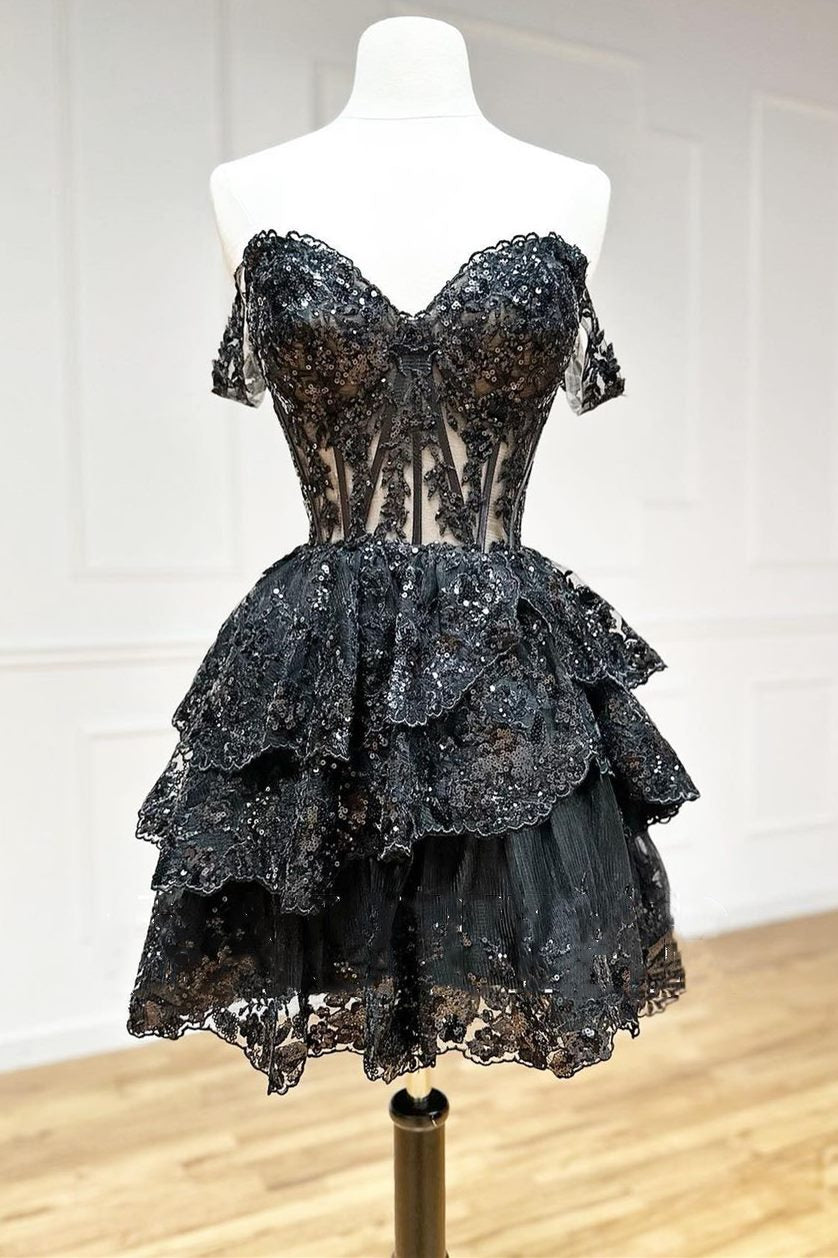 Off-the-Shoulder Tiered Sequined Corset Mini Dress