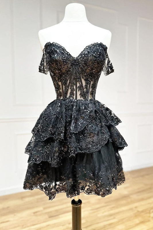 Off-the-Shoulder Tiered Sequined Corset Mini Dress
