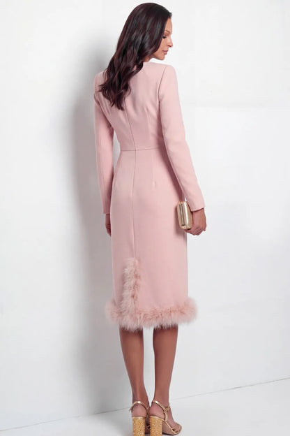 Midi Sheath Dress with Cropped Jacket & Feather Trim