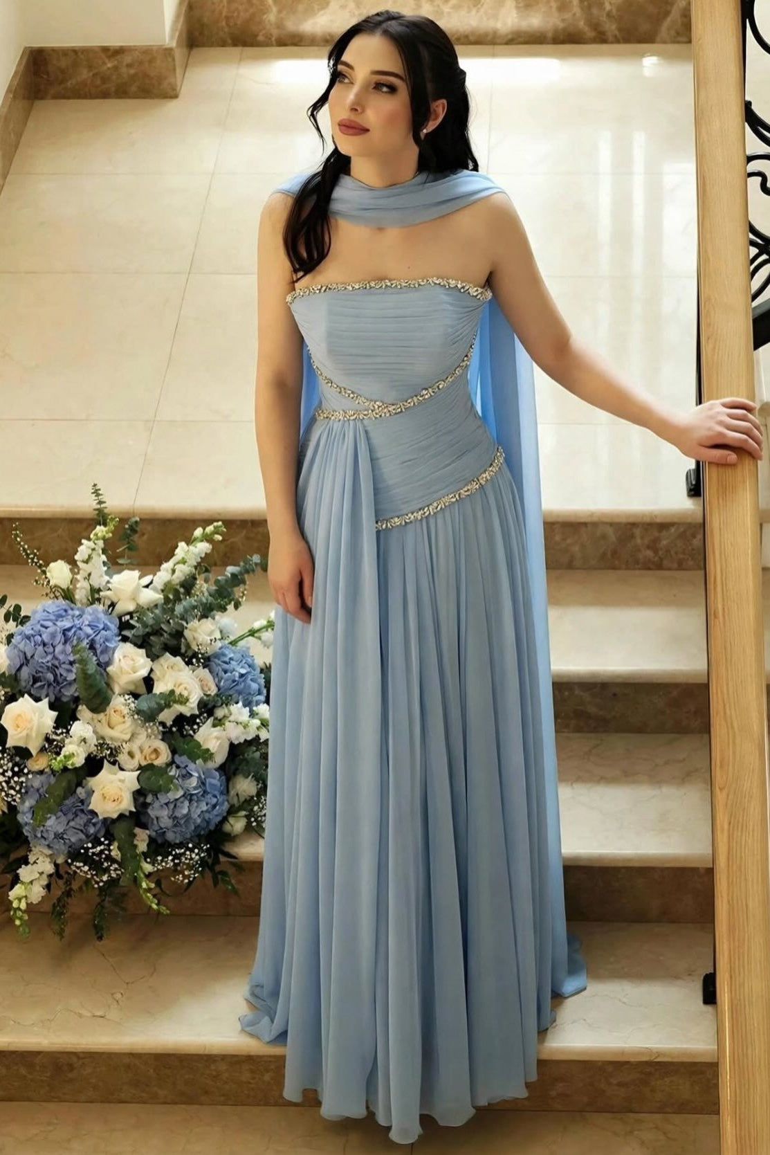 Strapless Ruched Evening Gown with Beaded Trim