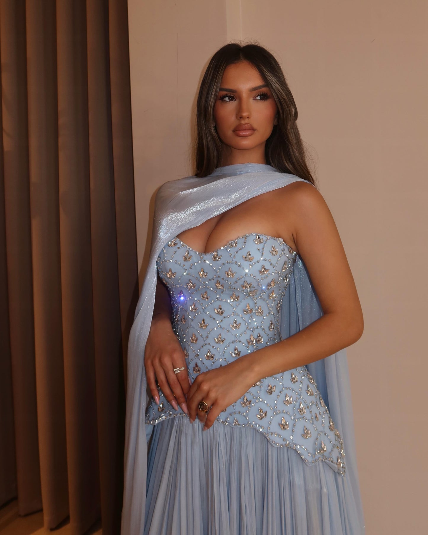 Pleated Corset Evening Gown with Convertible Cape