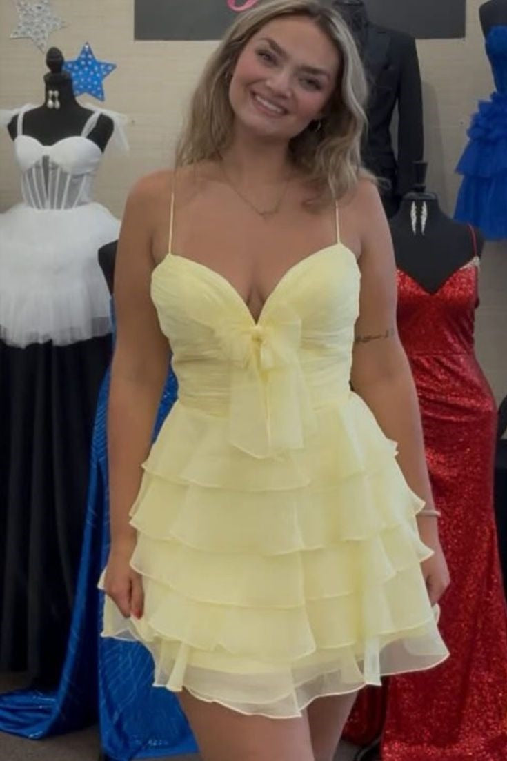 Sweetheart Tiered Chiffon Mini Dress with Bow