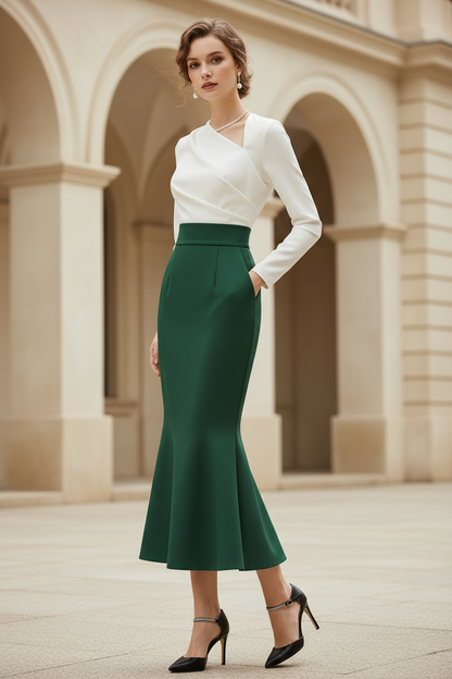 Two-Tone Long Sleeve Mermaid Midi Dress