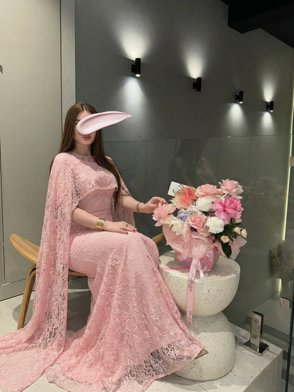 Lace Cape Mermaid Evening Gown