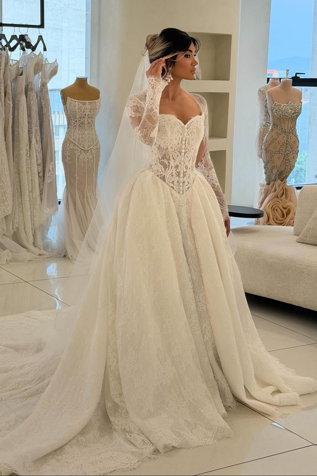 Lace Ball Gown Wedding Dress with Long Sleeves