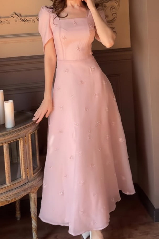Puff Sleeve Square Neckline Midi Dress with Lace-Up Back