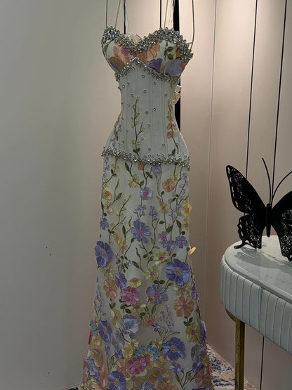 Floral Embroidered Corset Mermaid Gown with Pearls