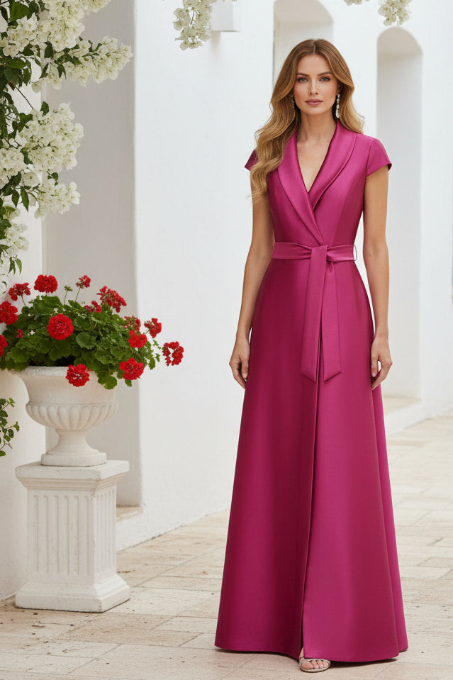 Satin Wrap Gown with Shawl Collar & High Slit